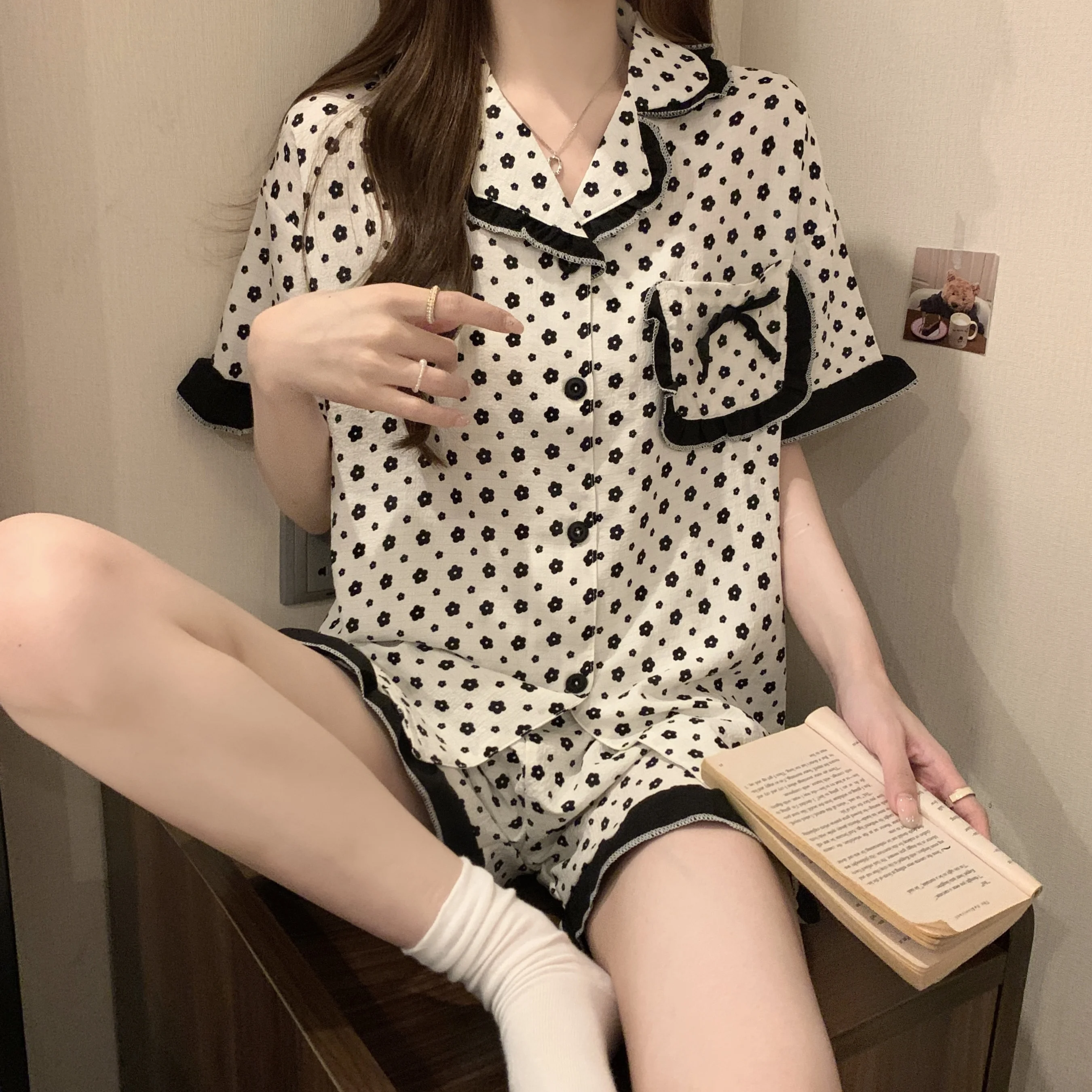 Pajamas Women's Summer Short Sleeve Bubble Cotton Pastoral Style Cuihua Sweet and Cute Cardigan Ruffle Edge Thin Home Suit Set