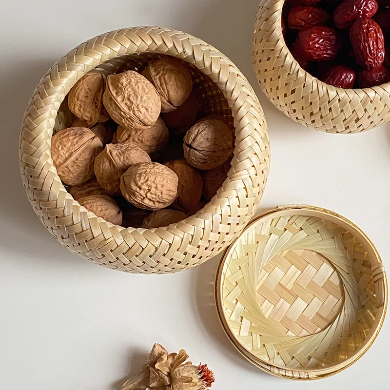 Bamboo Storage Basket With Lid Double Layer Handmade Woven Tea Basket Tabletop Storage Box for Tea Fruit Dried Fruit Snack Food 6