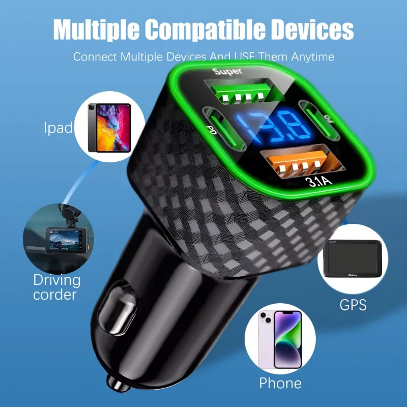 380W USB Car Phone Charger Dual PD 4 In 1 With Voltage Display Super Fast Charge Adapter For IPhone Xiaomi Samsung_voghion.com