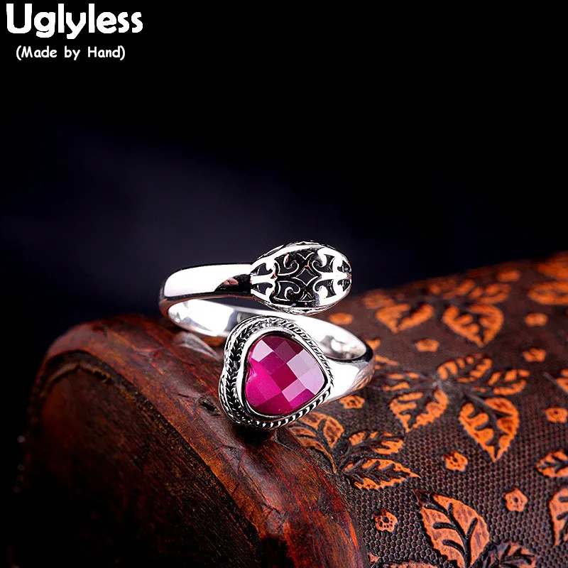 Uglyless Etnico Tailandese Argento Blooming Lotus Open Rings Per Le Donne Hot Pink Corindone Anelli Solid 925 Silver Vintage Gemstones Jewel