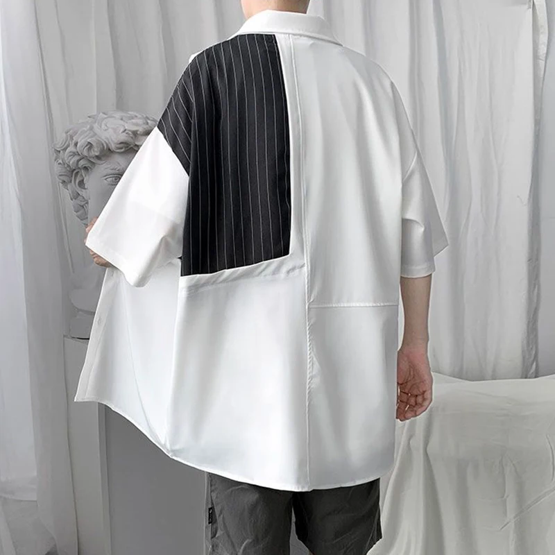 Summer New Polo-neck Striped Patchwork Shirt Male Short Sleeve Vintage Loose Casual Blouse Men Harajuku Y2K Fashion Cardigan Top