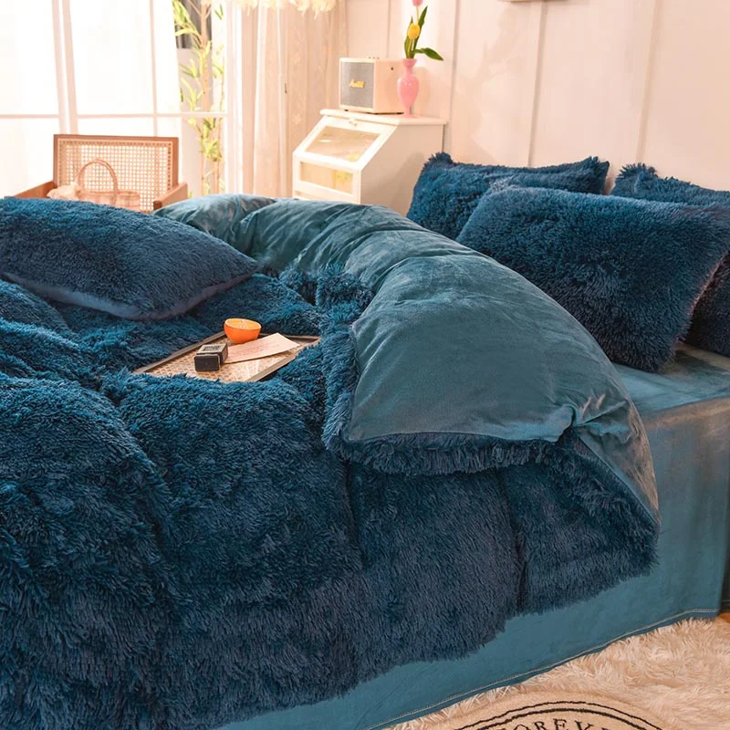 

Nordic Coraline Fleece Fluffy Bedding Set with Velvet Duvet Cover Winter Warm Thick Bed Sheet Pillowcase Luxury Plush Bedsheet