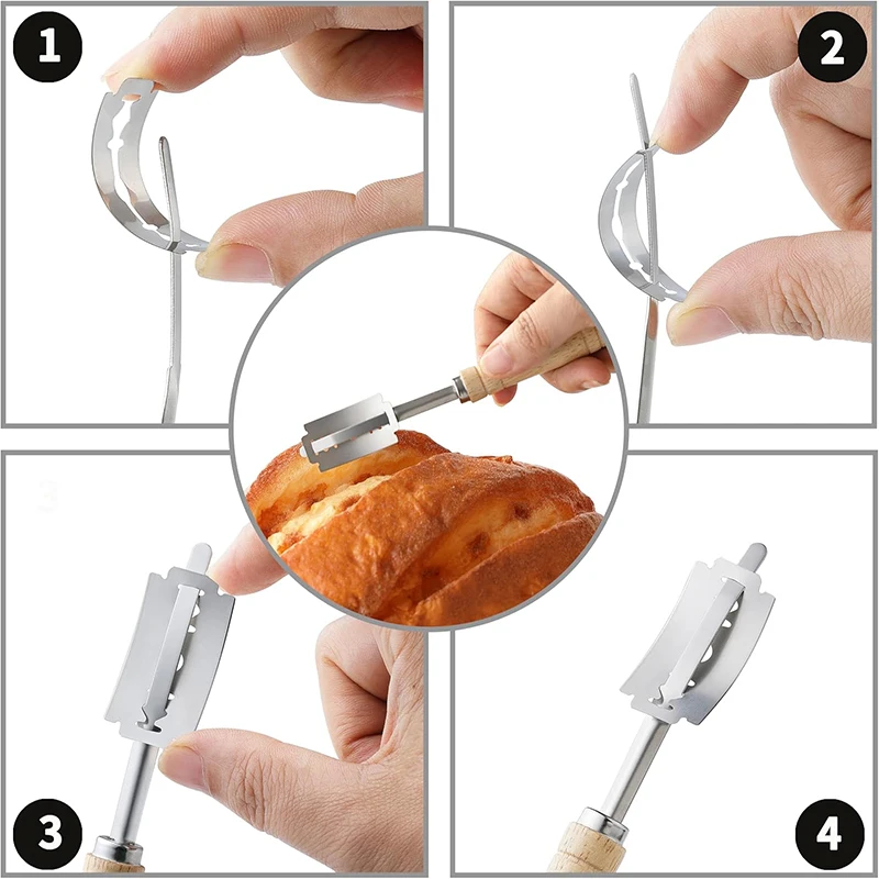 Cake slicer bread cutter wooden handle lame slashing tool 5 razor blades leather cover curved dough scoring knife