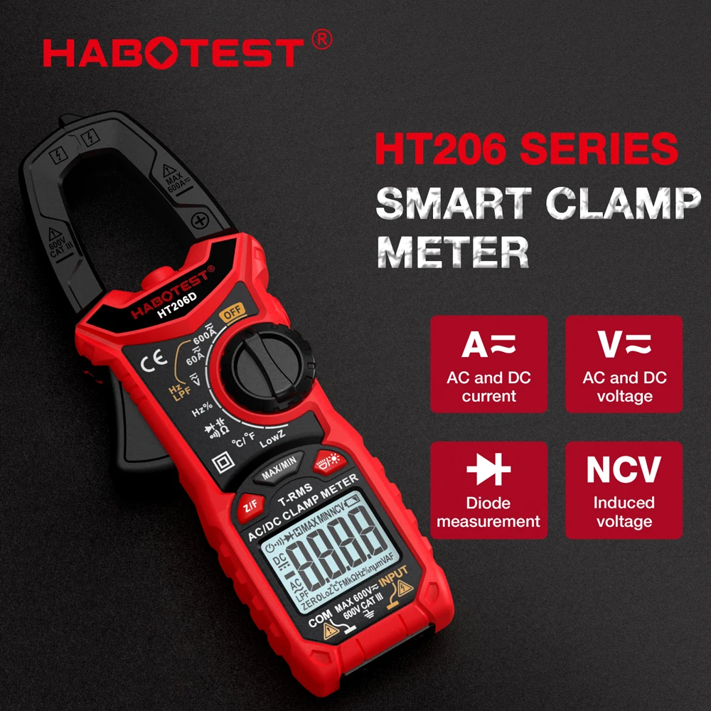 HABOTESTHT206ClampMeterDCACCurrent600ADigitalClampMeter