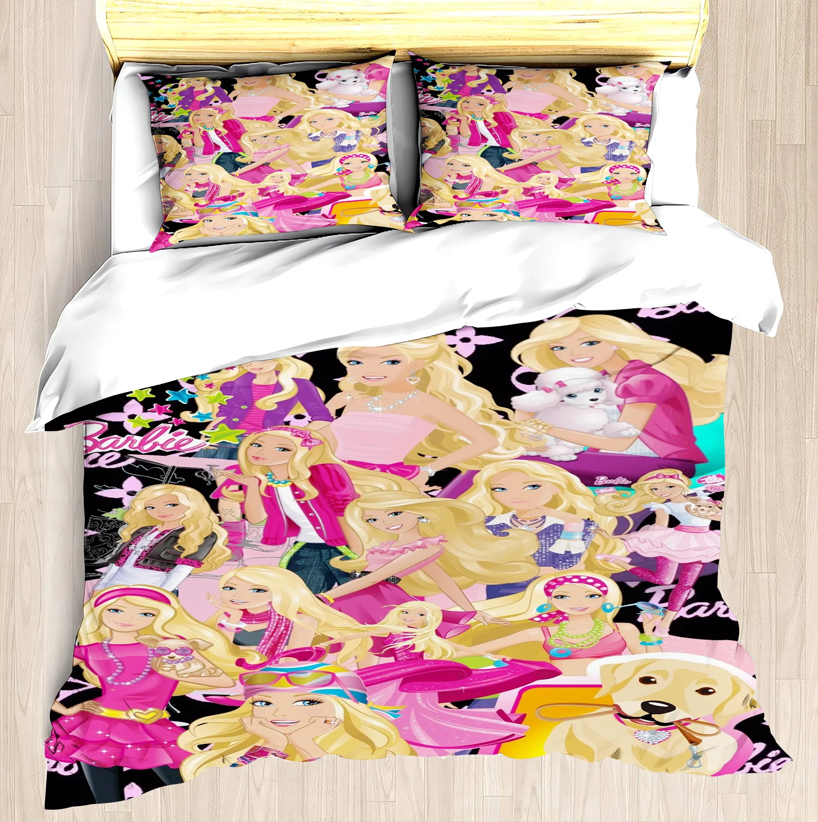 MINISO-PrintedBarbie Set for Girls, Disney Co-branded Barbie Pink, Modern Duvet Cover, 2 Piece Bedding Set
