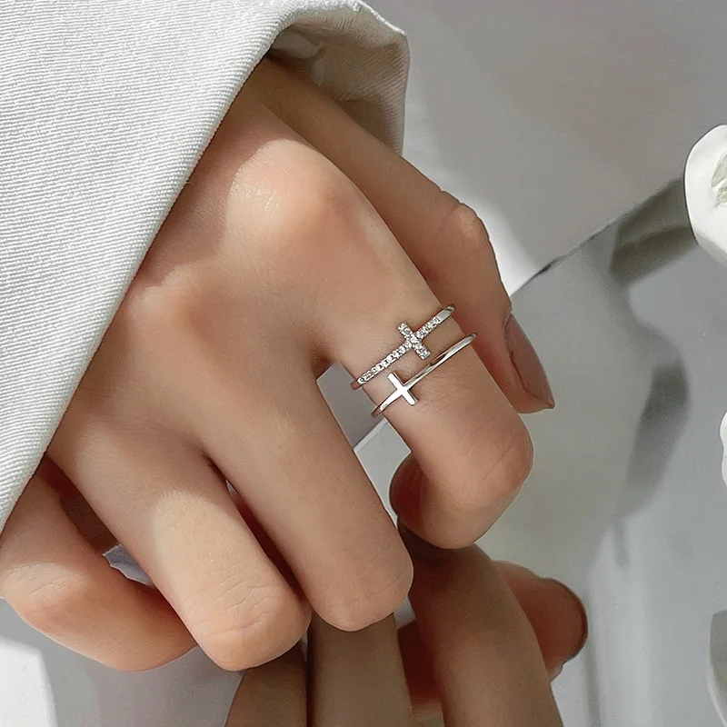 LATS Silver Color Double Cross Flashing Zircon Open Rings for Women Student Korean Index Finger Ring 2022 Fashion Jewelry