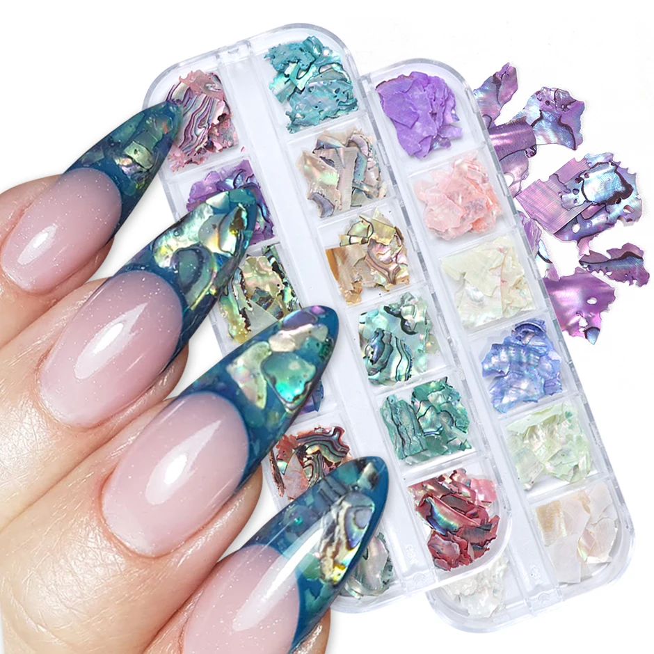 Grid Glitter Abalone Shell Flakes for Nail Art Decoration 3D Charms Spring Summer Slices DIY Paillette Accessories 6/12