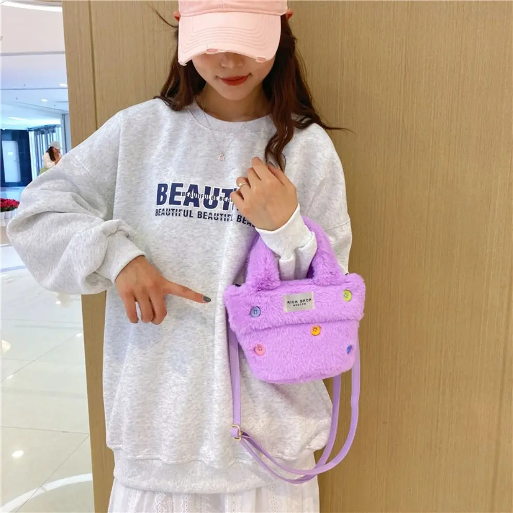 Korean Style Button Plush Tote Bag Kawaii Shopping Bag Fluffy Plush Crossbody Bag Messenger Bag Bucket Bag Plush Handbag Street