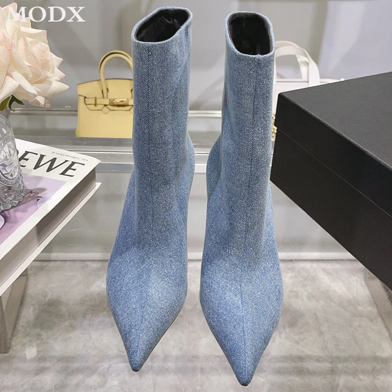 

High Quality 2023 Winter New Short Boots Fashion Denim Letter Print Pointed Toe Booties Women Stiletto Genuine Leather Slim Shoe