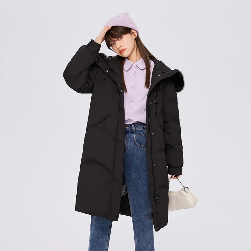 Semir Long Down Jacket Women Big Fur Collar Hooded Warm All-Match 2023 Winter New Loose Horn Button Jacket