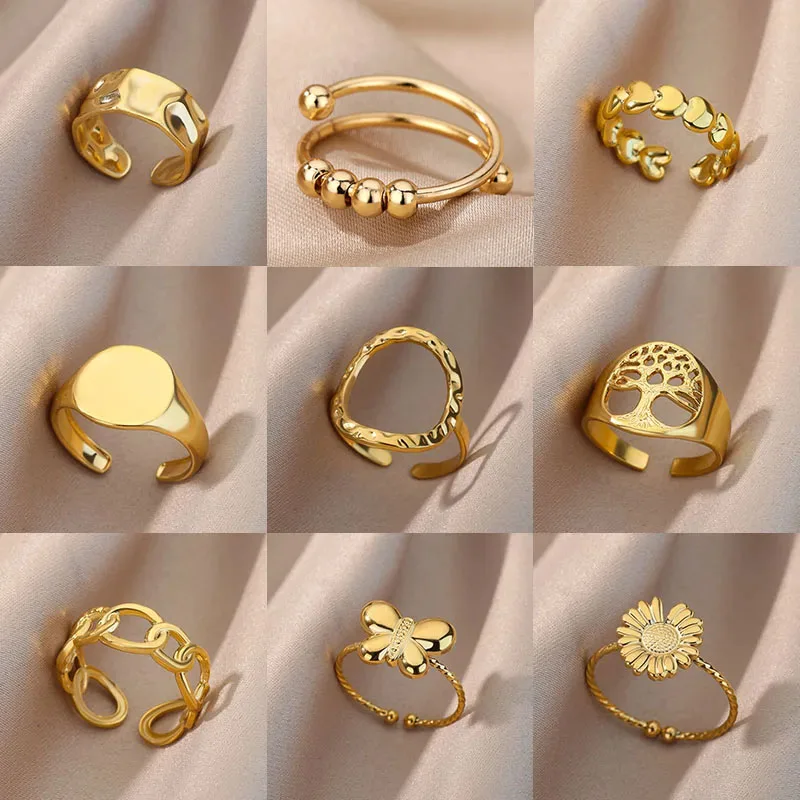 Gold Color Rings For Women Stainless Steel Geometric Opening Ring Fashion Party Jewelry