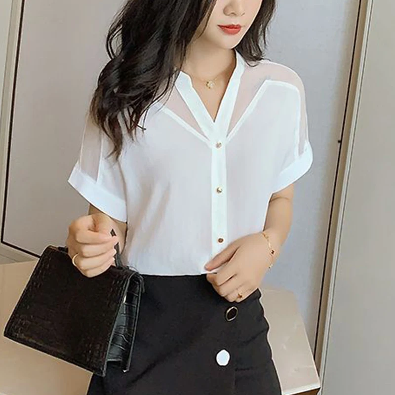 Summer Solid Color V-neck Elegant Fashion Mesh Patchwork Chiffon Shirt Ladies Short Sleeve Casual All-match Pullover Blouse Top