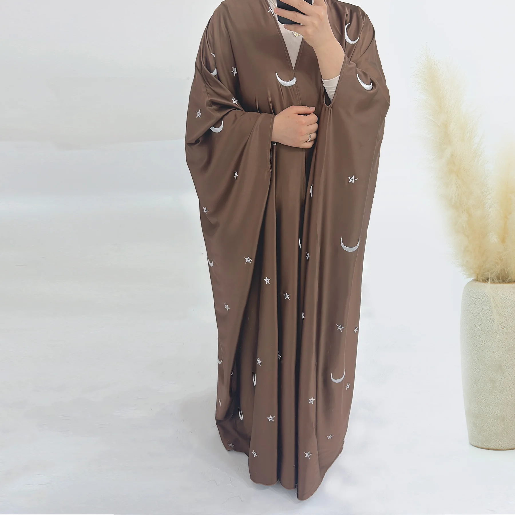 Satin Moon Embroidery Abaya Open Kimono Cardigan Muslim Abayas for Women Dubai 2024 Luxury Turkey Kaftan Islamic Outfit Ramadan