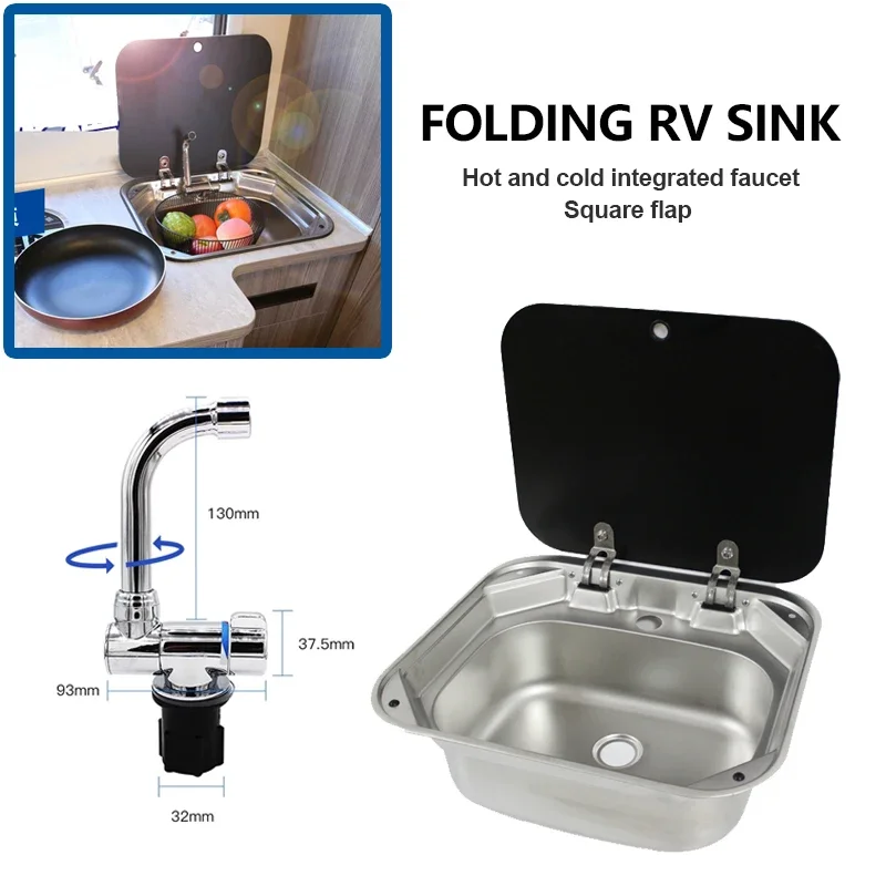 RV Stainless Steel Wash Basin Sink with Cold Hot Folded Faucet Tempered Glass Lid for Camper Accessories Caravan Boat Motorhome outdoor sconces 2 pack vintage exterior light fixtures with nautical metal cage and tempered glass oil rubbed bronze finish