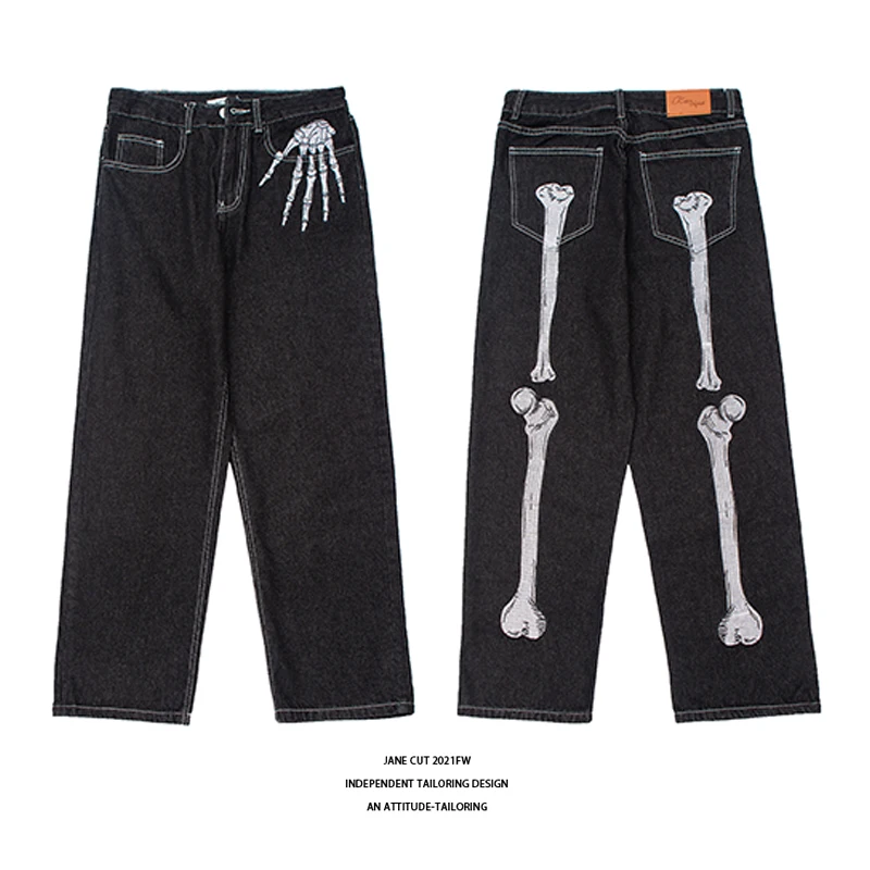Jeans American Casual Printed Embroidered Skull Bones National Fashion High Street Hip Hop Loose Straight Wide Leg Mid HighWaist