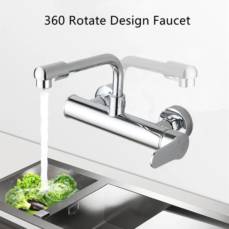 

Kitchen Faucet Brass Dual Hole 360 Rotate Nozzle Tap Wall Mounted Bathroom Washbasin Tap Cold Hot Water Folding Crane Sink Mixer