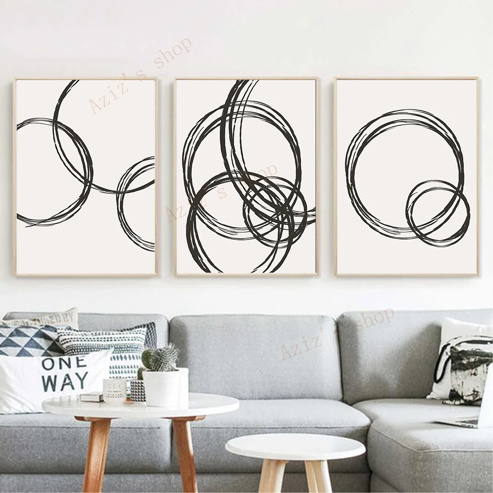 

Neutral Abstract Circle Print Beige Nordic Wall Art Set Minimalist Scandinavian Canvas Painting Monochrome Painted Lines Picture
