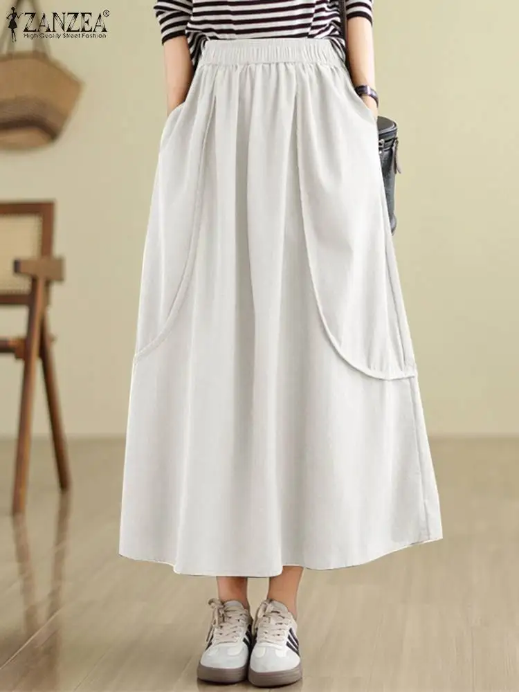 

ZANZEA 2024 Fashion Pleated Jupes Women Umbrella Long Skirt Vintage Elastic Waist Maxi Skirts Casual Loose Pocket Holiday Faldas