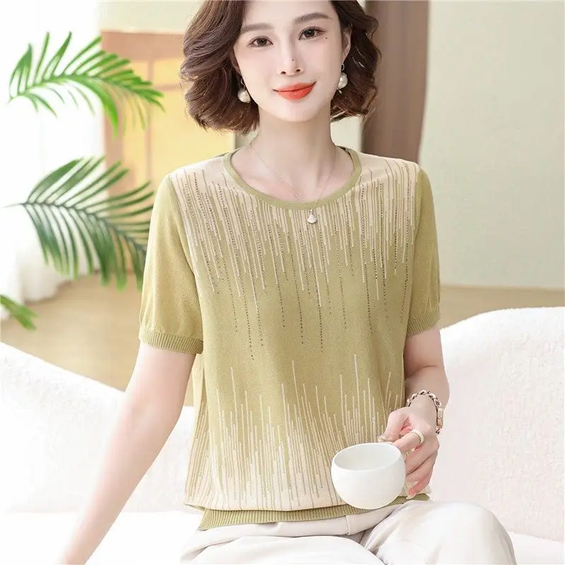 Femme Spring Summer Fashion Simplicity Striped Solid Color O-neck Short Sleeve Women Clothes Diamonds Tassel Appear Thin Top Tee - Image 3