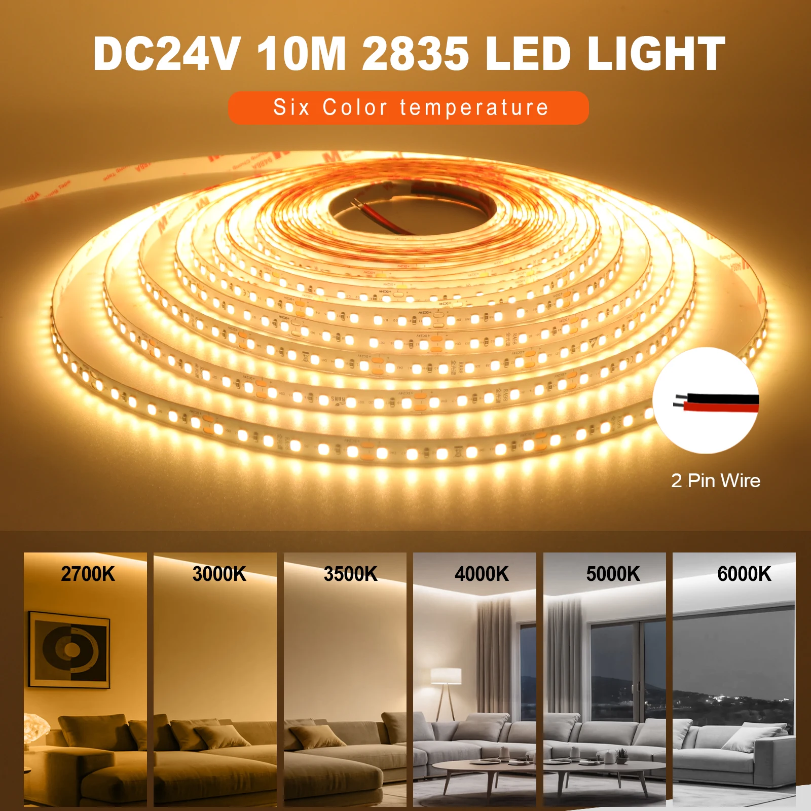 RA98 LED 스트립 조명 5M 10M 12V 24V 2835 고휘도 120LEDs/M 2700K 3000K 3500K 4000K 5000K 6000K 플렉시블 테이프 홈 조명