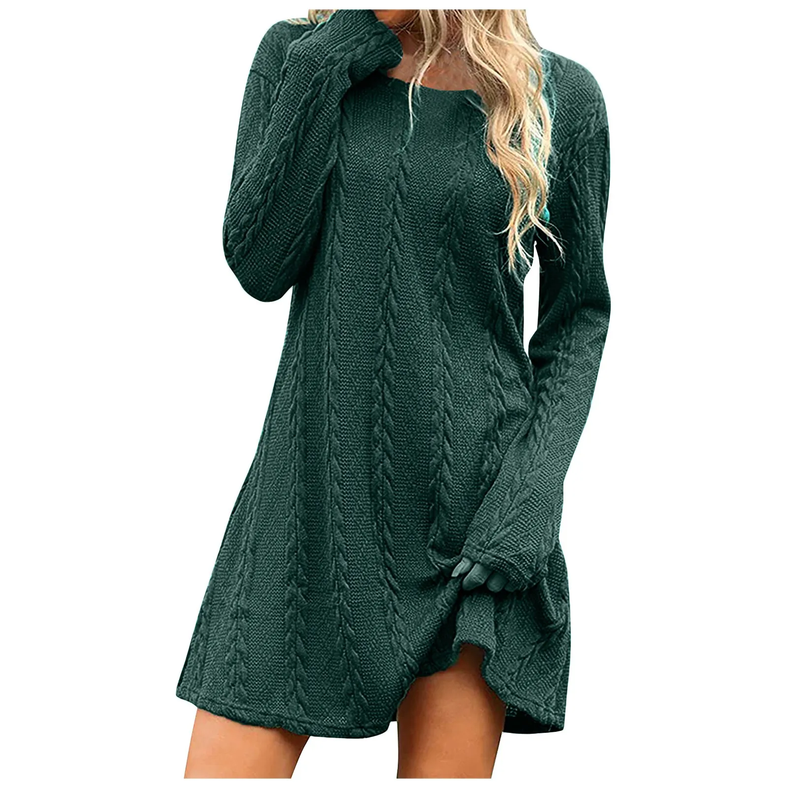 Snuggle Spot Women's Knitting stretchable Solid Round Neck Full Sleeve Dress (Pista) main image 0