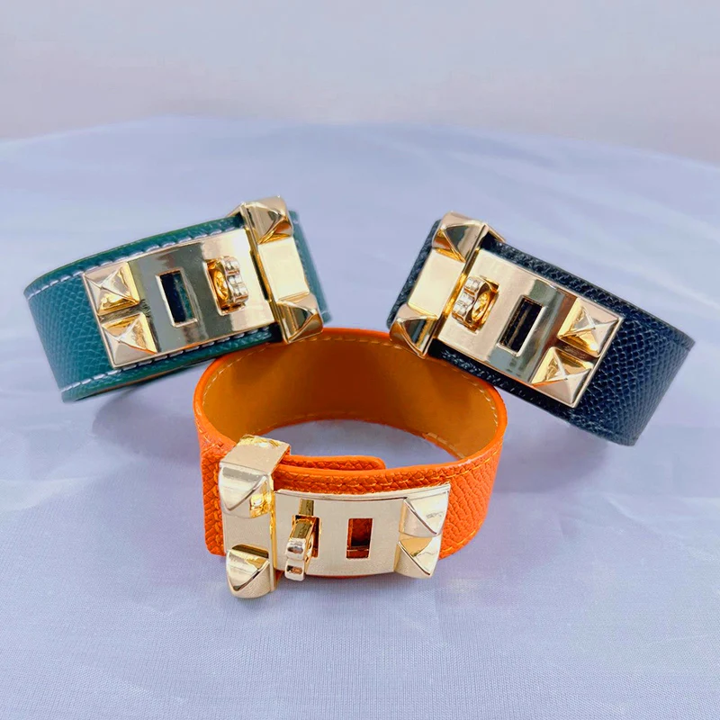 10 Colors Single Layer Leather Circle Gold Plated Rivet Stainless Steel Bracelet For Women Brand Element Jewelry