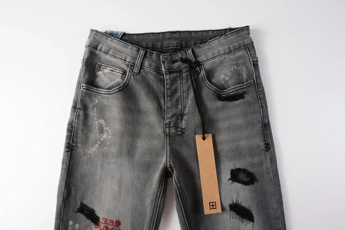 KSUBI Cross Jeans American High Street Splashing ink graffiti Hole Trend Low Rise Skinny Denim Pants Ripped patch Letter Jeans
