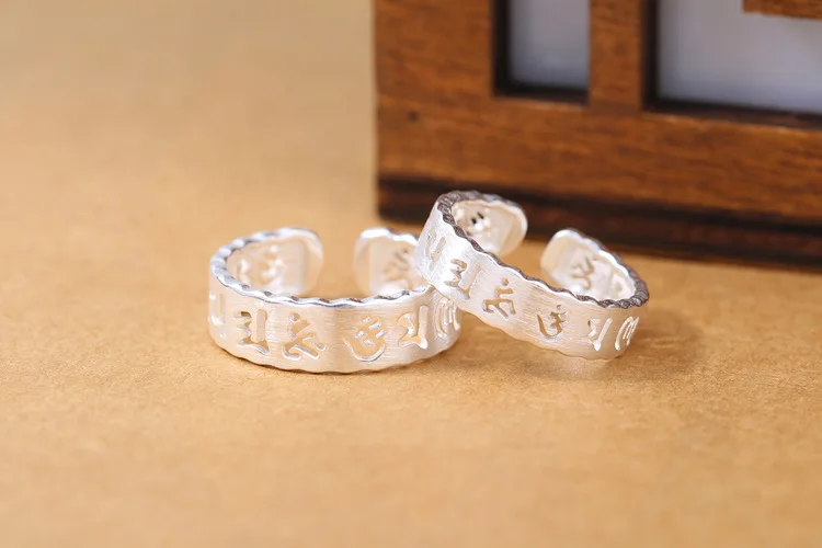 Neue kreative Sechs-Wort-Mantra aus gebürstetem 925er-Sterlingsilber, Modeschmuck, hohle antike Schrift, Glücksöffnungsringe R288 – Detail 1
