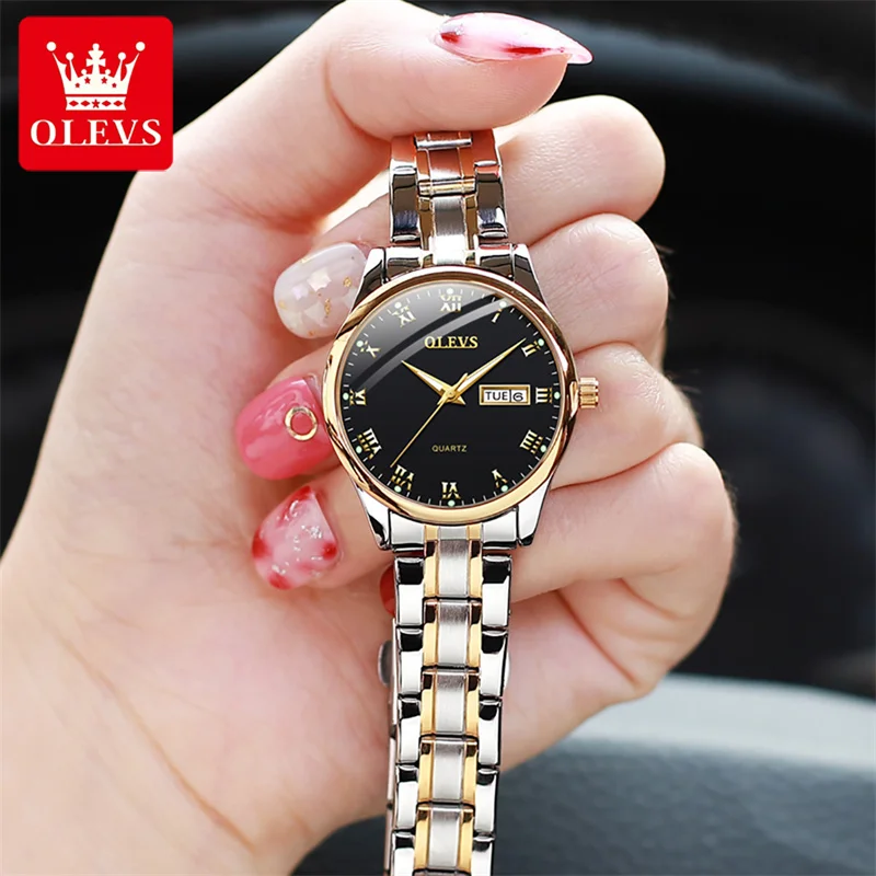 OLEVS Fashion Womens Watches Top Brand Luxury Stainless Steel Waterproof Week Calendar Quartz Watch for Women Relogio Feminino