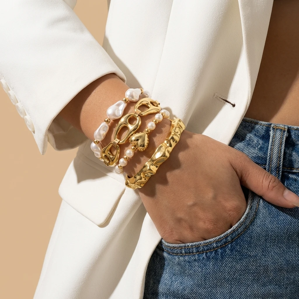Trendiges Mehrschichtiges Armband-Set für Frauen Imitationsperlen-Stil Lava-Textur Herz Geometrischer Charm Stapelbarer Schmuck Party-Accessoire