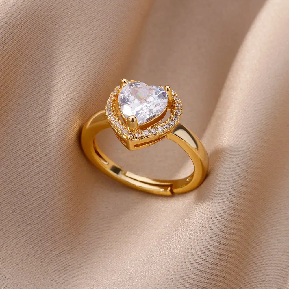 Stainless Steel Heart Rings Zircon Gold Color Adjustable Ring