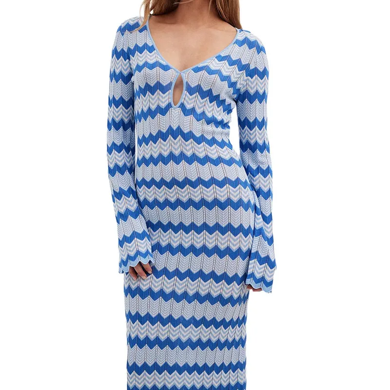 

Women Knit Bodycon Long Dress Evening Party Spring Autumn Clothes Vintage Long Sleeve Wavy Striped Dress y2k Streetwear