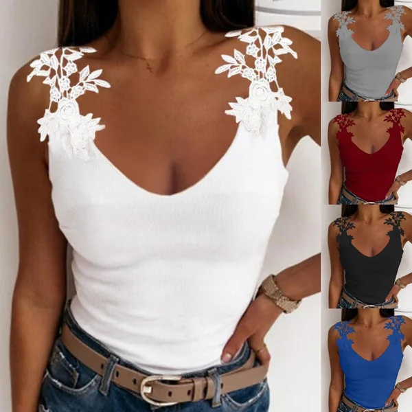 lace camisole Women Lace Solid Vest Top Sexy Strap Tanks Casual V-Neck Sleeveless T-Shirt Camisetas Tirantes Mujer Femme cotton camisole