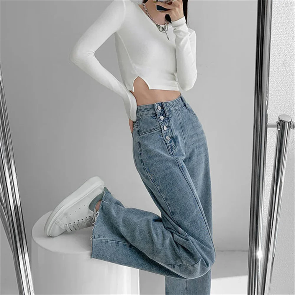 

Denim Pant Y2k Korean Harajuku Streetwear Trouser Irregular Buttons Desigual High Waist Loose Wide Leg Jeans Frayed Tassel Women