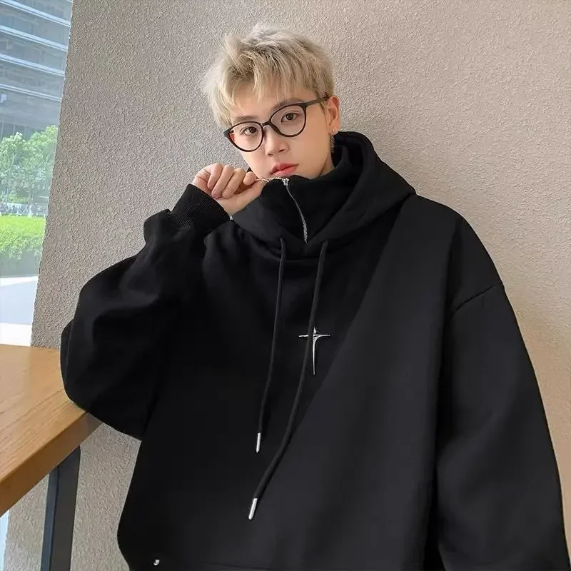 

High Collar Hooded Sweater for Men and Women Couple Fashion Brand American Retro Solid Oversize Half Zip Coat Top Clothes Y2k