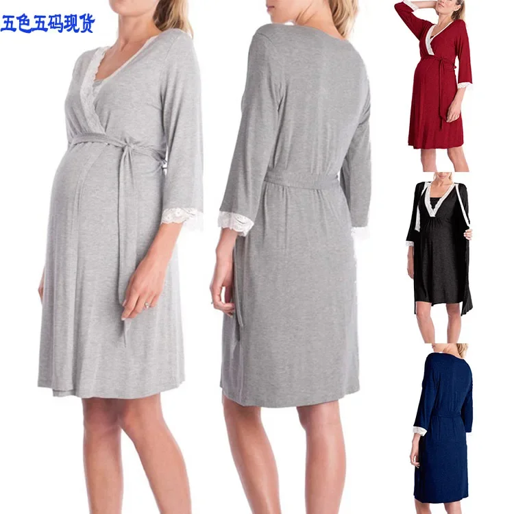 Pregnancy Hospital Breastfeeding Bathrobes 3 In 1 Labor Delivery Nightgowns breastfeeding nightgown maternity nightgown set pregnant women dress Women Lace Patchwork Women's Maternity Nursing Robe