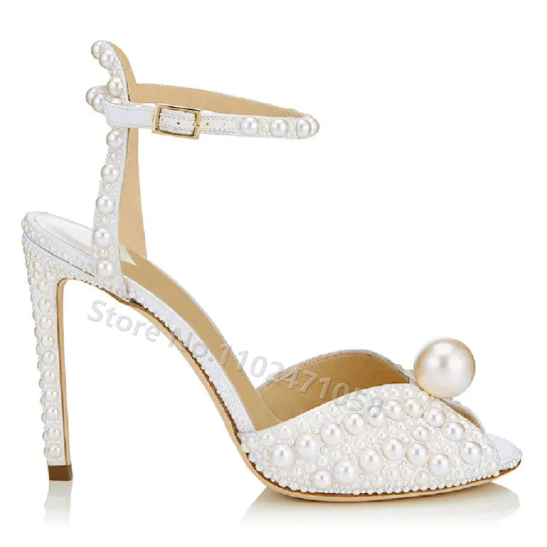 

Pearl Decor Women One Strap Sandals Peep Toe Thin Heel Ankle Strap Ladies Slingback Pumps Wedding Bride Hight Heels Shoes