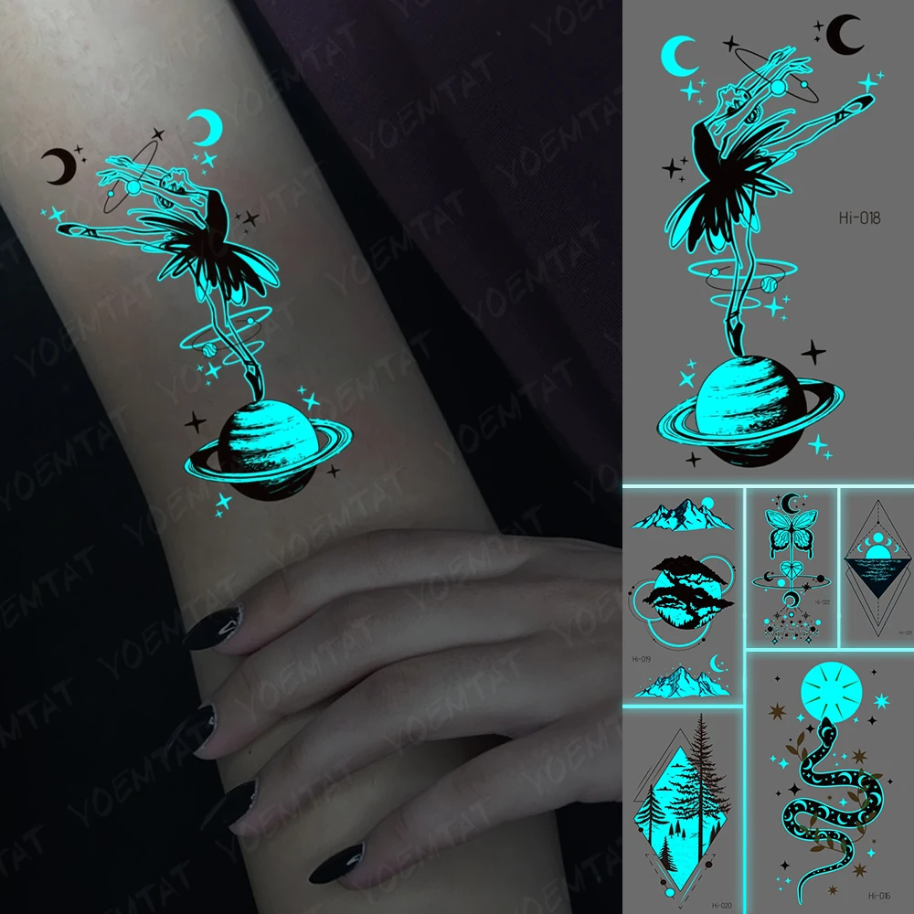 

Bule Luminous Glow Waterproof Temporary Tattoo Sticker Glitter Ballet Dancing Planet Moon Outer Space Flash Tatto Kids Neck Hand
