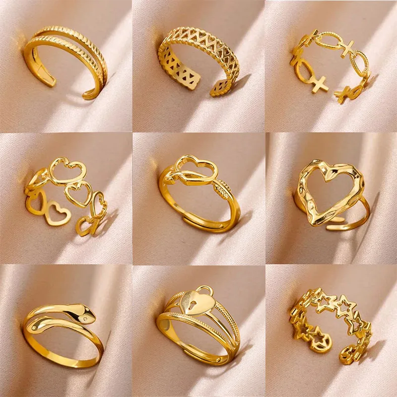 Stainless Steel Rings for Women Men Gold Color Hollow Heart Ring Finger Wedding New In 2024 Trend Jewelry Valentine's Day Gift