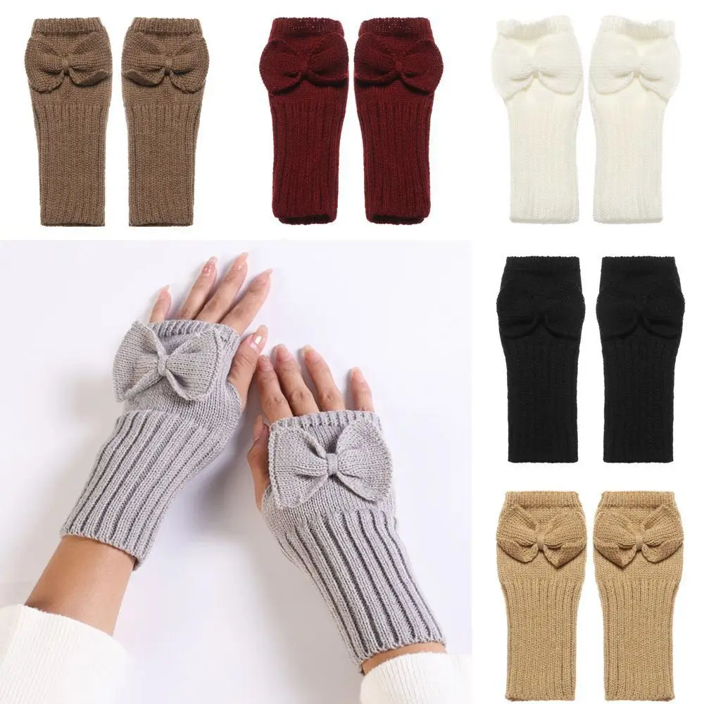 Comfortable Thick Warm Bowknot Knitted Gloves Elastic Keep Warm Half Finger Gloves Soft Arm Warmers Winter