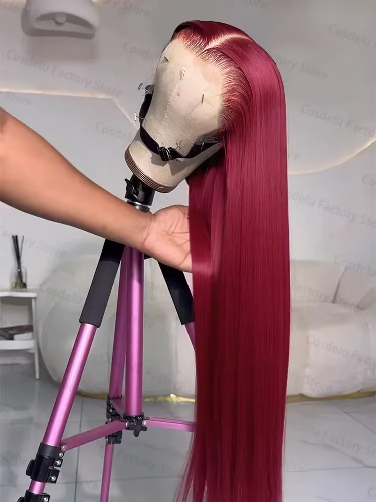 Parrucca Frontale in Pizzo 13x4 HD con Capelli Umani ad Alta Densità, Liscia Effetto Osseo 99j Borgogna, Parrucche Frontali in Pizzo HD 13x6 per Donne, 30 Pollici, Colori a Scelta
