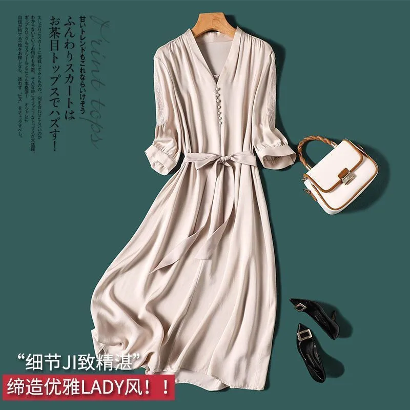 

Limiguyue French Style Embroidery Button Chiffon Dress Women V-Neck Lace up A-Line Long Dresses Elegant Soft Silk Vestidos E400