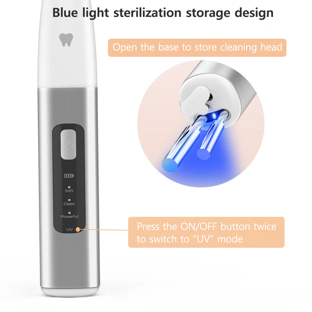 Electric toothbrush with UV sterilization feature, storage compartment for cleaning head, and gentle on gums.