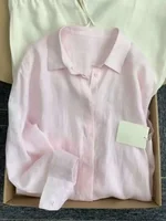 Chemise en lin pour femme, décontractée, ample, à manches longues, légère, pour l'été, couleur unie, col rabattu, style français, vêtement de protection solaire 6