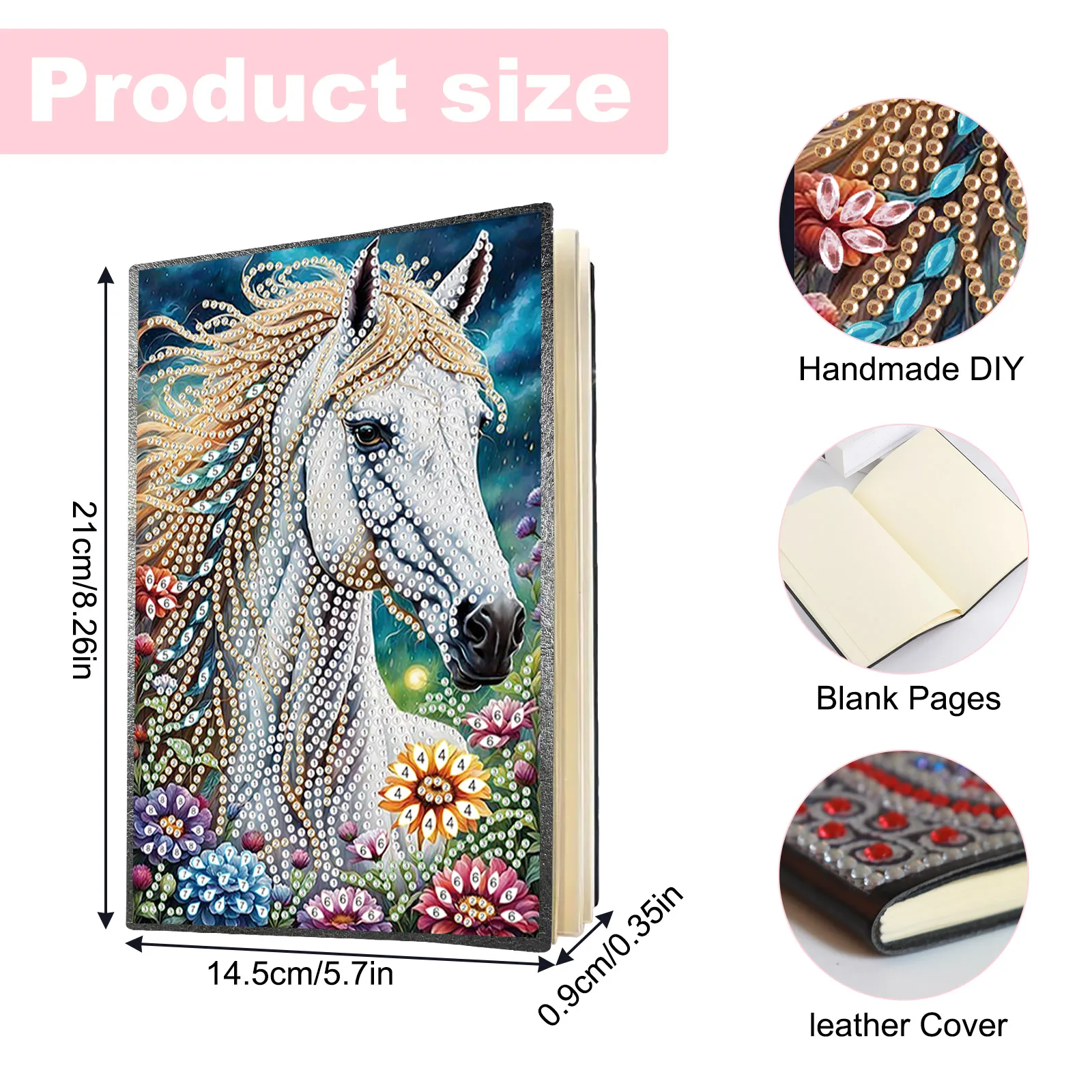 Diamond Art Painting Notebook Kits, DIY White Horse for Adults Diamond Dots Notebook, Journals for Creative Home office Gift 2