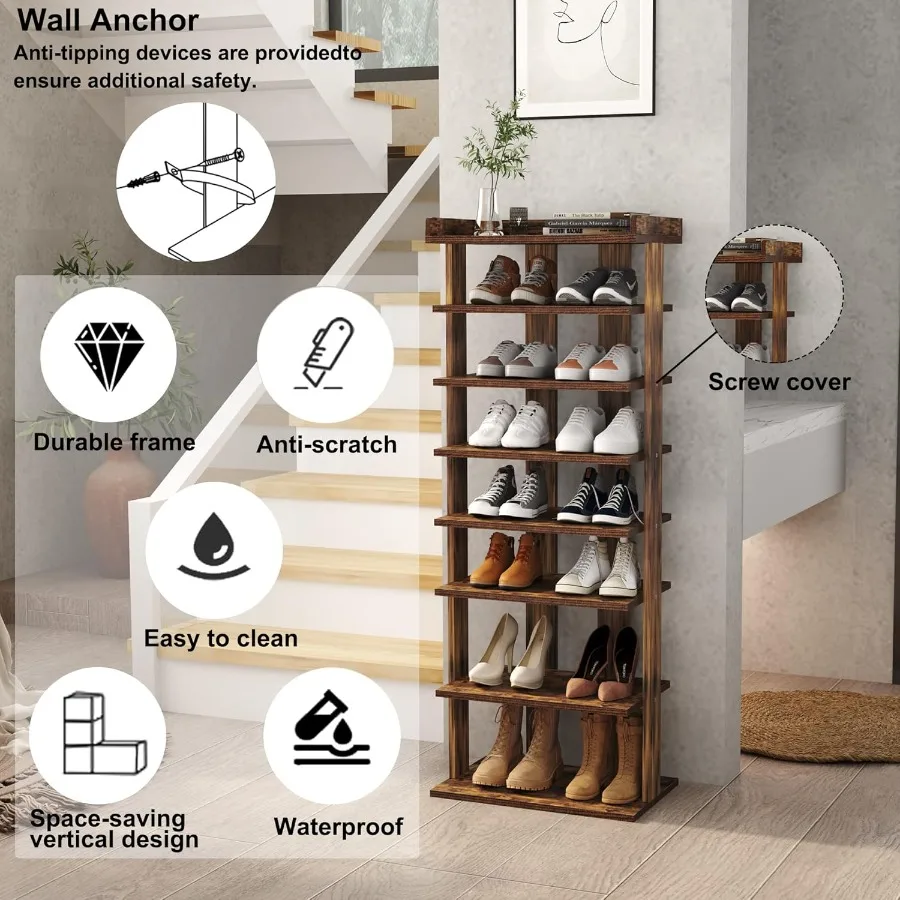 7Tier Wood Shoe Rack Double Rows Shoe Shelf Shoe Storage Stand Entryway Shoe Tower Vertical Shoe Organizer for Narrow Closet En