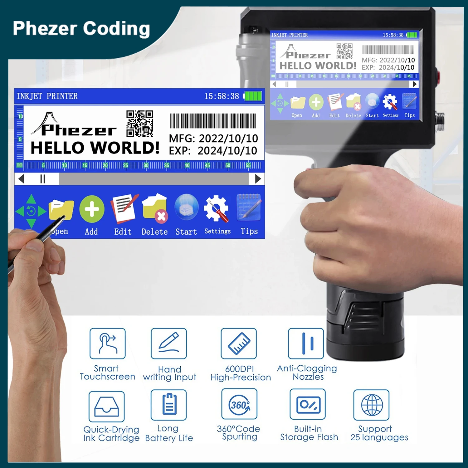 Phezer P15 Qr Bar Batch Code Date Number Logo Expiry Date Label Printer