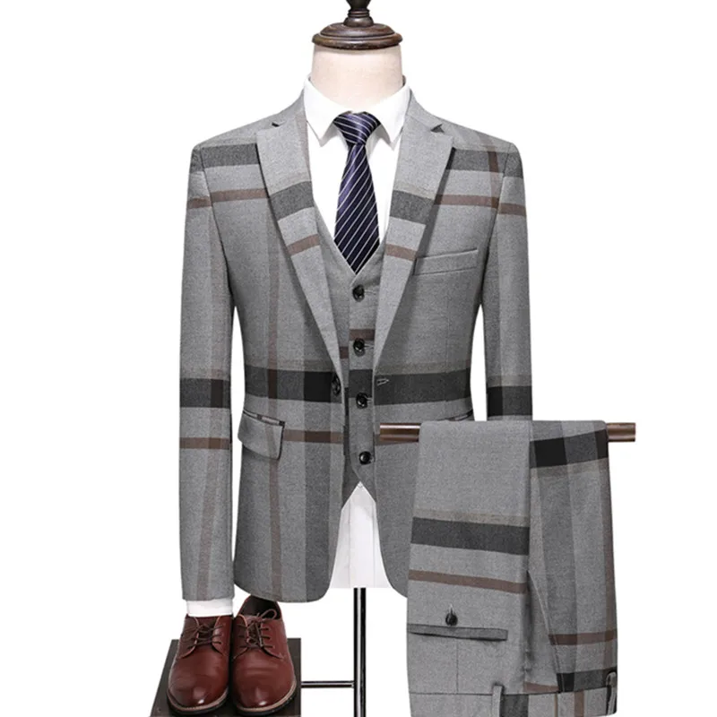 Men's Wedding Plaid Blue Gray Blazers Jacket Pants Vest 3 Pcs Set Slim Fit Business Tuxedo Dress Classic Formal Suits Coat mens suit