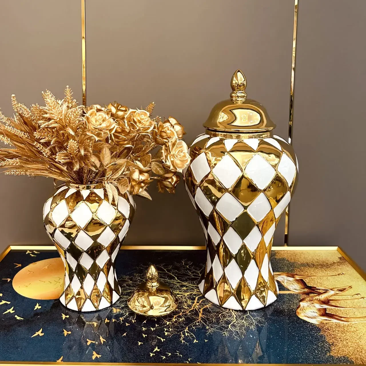 Gold Ringer Checkmate Can Ceramic Ginger Jar Storage Flower Vase Porcelain Artifact Floral Accessories Home Decoration 4