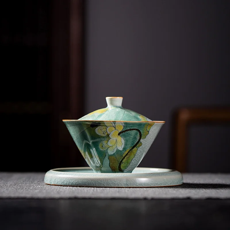 110ml Borneol Glaze Sancai Covered Bowl Hand-painted Lotus Art Ceramic Tea Tureen Tea Maker Gaiwan With Cover Kung Fu Set